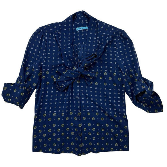 Tops - Alice + Olivia Floral Print Bow Silk Blouse Dark Blue Size XS